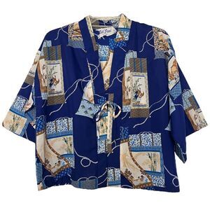 Vintage Kai Nani Hawaii Kimono Robe Blue Asian Scene Top Short Length Tie Front